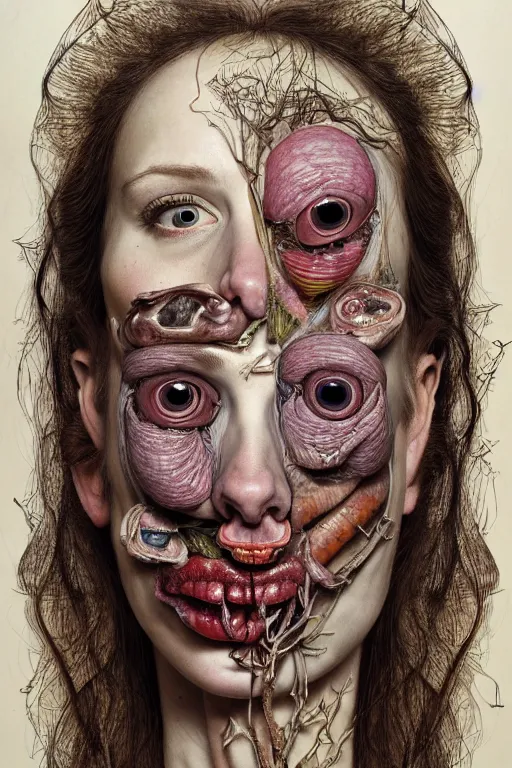 Image similar to Detailed maximalist portrait with large lips and eyes, scared expression, botanical anatomy, skeletal with extra flesh, HD mixed media, 3D collage, highly detailed and intricate, surreal illustration in the style of Jenny Saville, dark art, baroque, centred in image