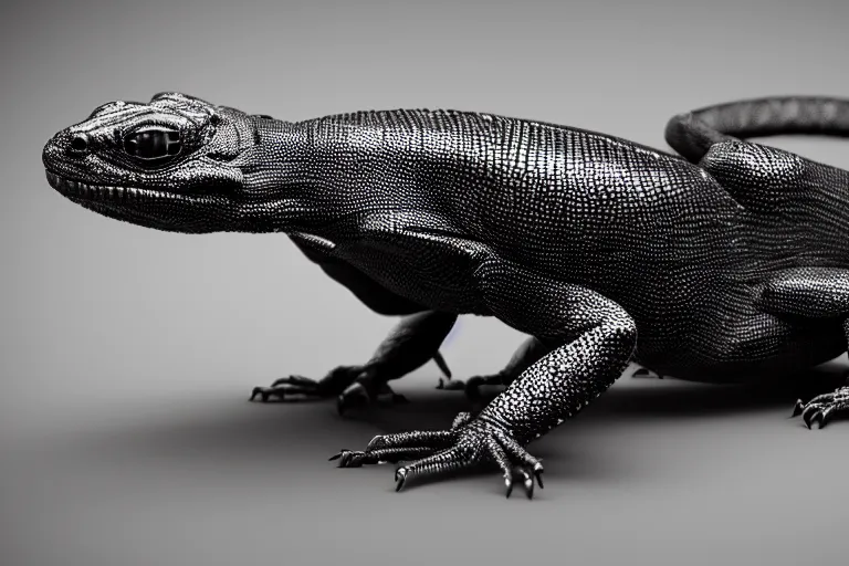 Image similar to octane render of a black lizard with 6 legs, sitting on wood, ambient lighting, intricate light, detailed, hyper realistic