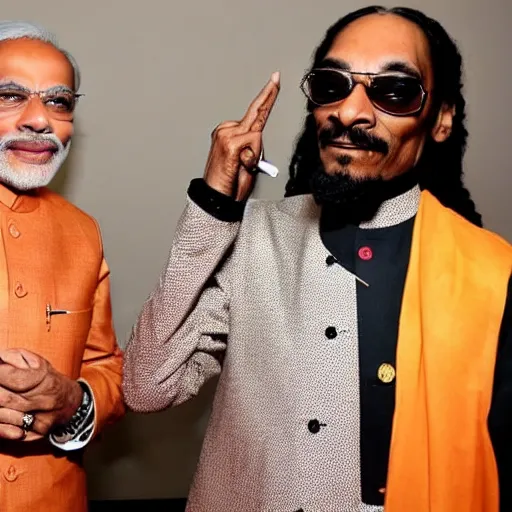 Prompt: narendra modi smoking with snoop dogg in a well lit room, nice vibe