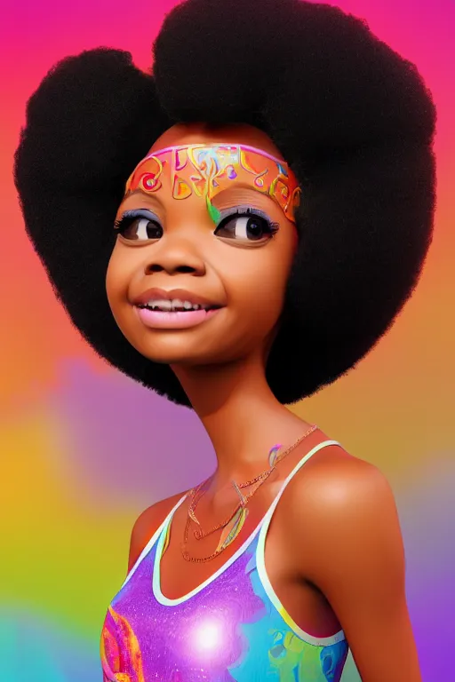 Image similar to a centered render of a cute super cool afro disco girl from the seventies, by dreamworks, by pixar, by viktoria gavrilenko, by leticia gillett, by artgerm, perfect face, 3 d, 8 k