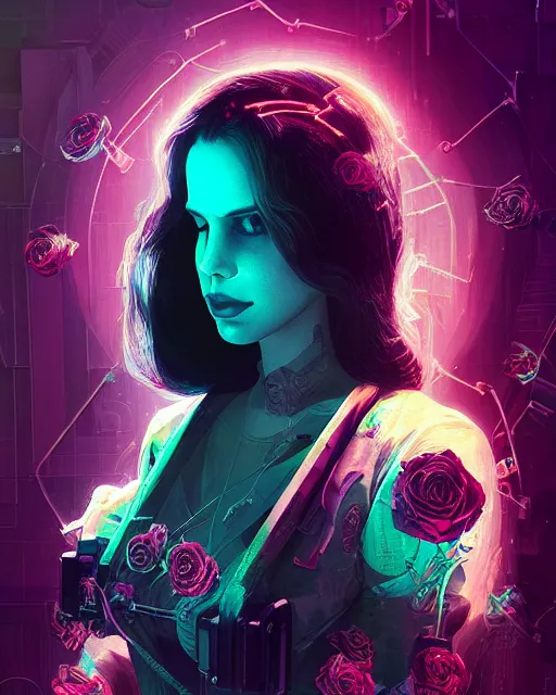 Image similar to portrait of lana del rey as a cyberpunk cyborg. roses sci - fi intricate abstract upper body intricate artwork, roses, rose petals, by tooth wu, wlop, beeple, dan mumford. concept art, octane render, deviantart, greg rutkowski, cinematic arthouse, key art, hyper realism, iridescent accents