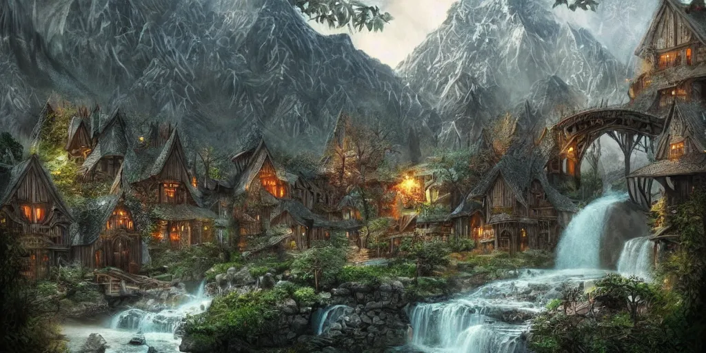 Image similar to elvish village. rivendell. mountains. beautiful forest. concept art. epic. cinematic. artstation.