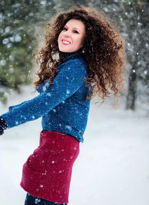 Prompt: a photo of 4 0 year old woman with short wavy curly light brown hair and blue eyes wearing colorful winter clothes is running in a snowy field. 9 0 mm. front view, perfect faces