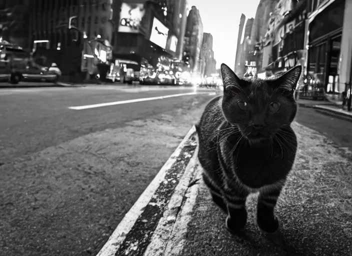 Image similar to photography of a Cat being carried in a backpack . in a new york street. award winning photo, led lighting, night, 130mm, sharp, high res