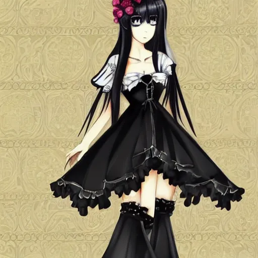 Image similar to beautiful illustration of anime maid, stunning and rich detail, pretty face and eyes. Gothic style, clear and perfect anatomy. Full-body shot from the side