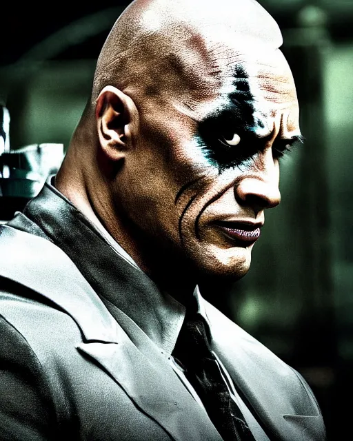 Image similar to Film still close-up shot of Dwayne The Rock Johnson as The Joker from the movie The Dark Knight. Cinematic, Photographic, photography