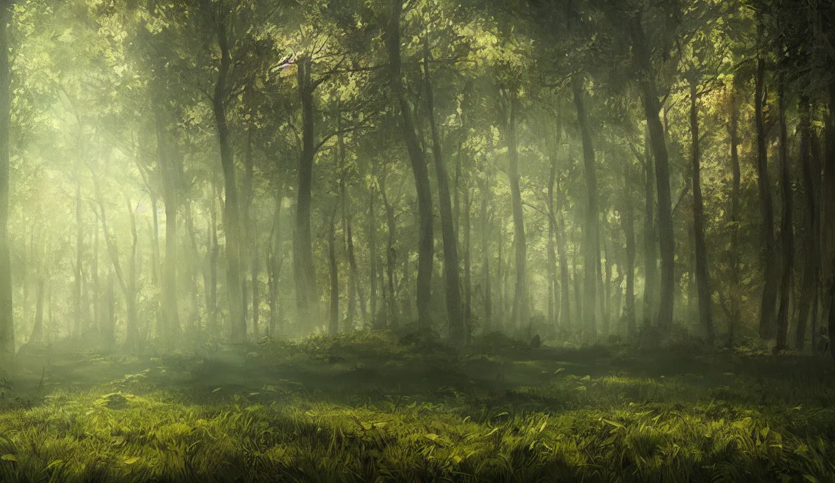 Prompt: a beautiful painting of a clearing in a forest, cinematic angle, movie concept, trending on artstation, octane render, 8 k, ultra high detail