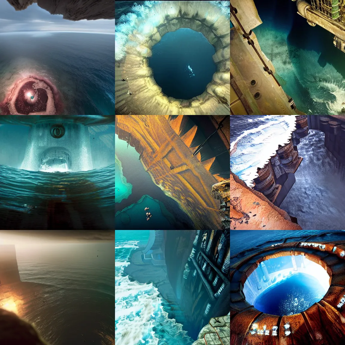 Prompt: an abyss into the ocean, big hole, shot from a drone, looking down, transparent water, epic scale, bioshock graphical style, ominous, by greg rutkowski