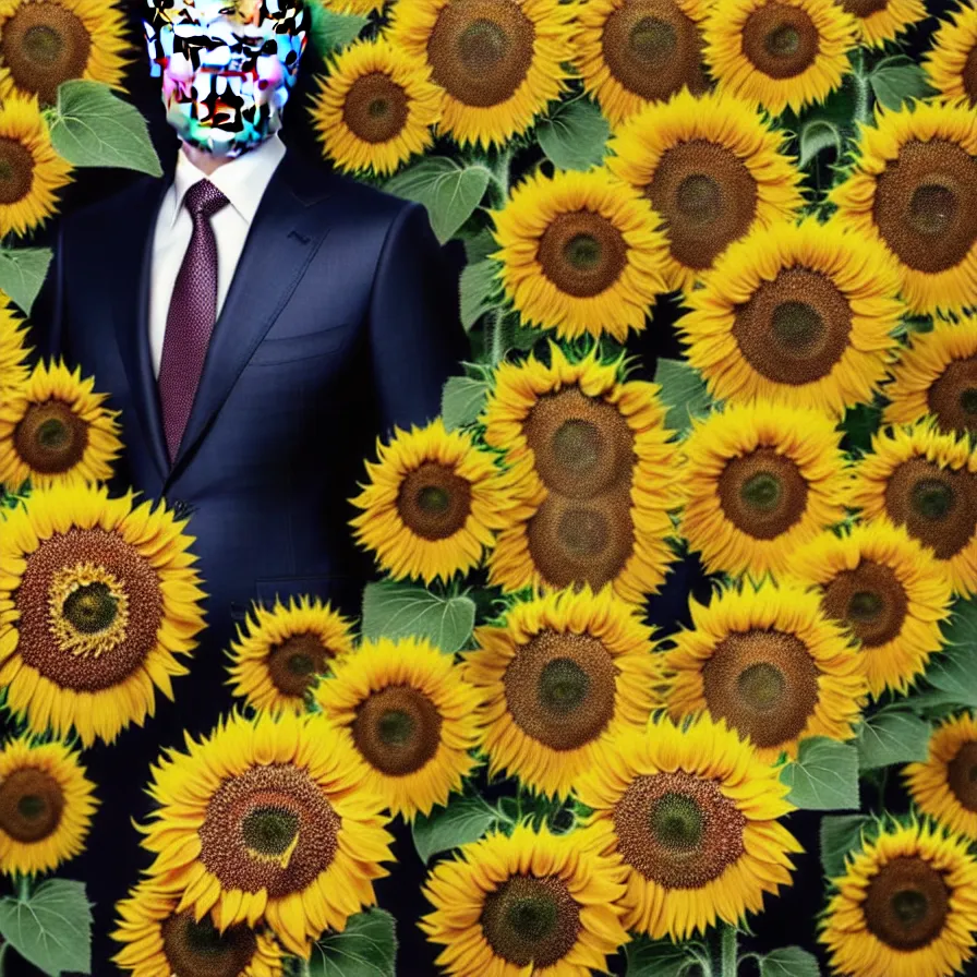 Prompt: photo portrait of Vladimir Putin - sunflowers - dressed in suit with intricate ornamental sunflower and tombstone for a tie, natural skin tone, highly detailed realistic flowers ornament in the upper side of breast, hair and wrinkles are intricate with highly detailed realistic flowers, elegant, Realistic, Refined, Highly Detailed, natural soft pastel lighting colors scheme, fine art photography by Cecil Beaton, volumetric lighting, hyper realistic photography