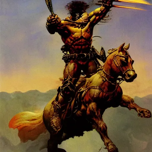 Prompt: warrior riding into battle by Frank Frazetta