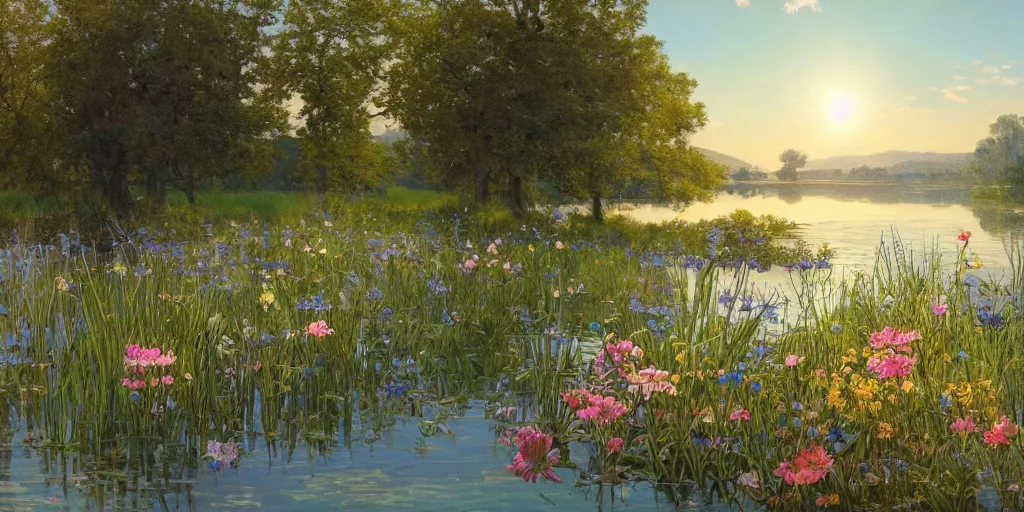Prompt: a beautiful lake landscape in spring, flowers, romantic ambiente, no people, reed on riverbank, no mountains, clear sky, sunshine, colorful, by Mohrbacher and Moebius and Alphonse Mucha and Roger Deakins, cinematic lighting, masterpiece, highly detailed, 8k resolution, trending on art station