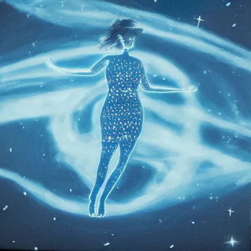 Prompt: a giant beautiful glowing blue goddess drifting in the night sky