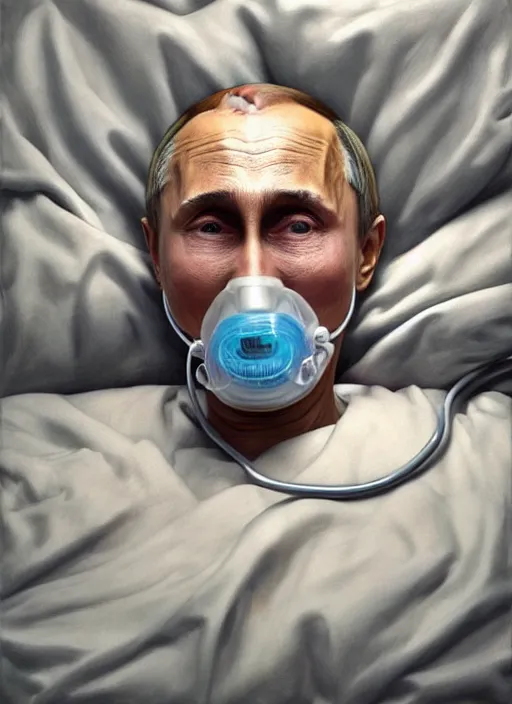 Image similar to a super very hyperrealistic oil painting of ill Vladimir Putin as a patient wearing an oxygen mask on a death bed inhaling from Copium tank that stand near his bed, visible face, by Laurie Greasley, Lawrence Alma-Tadema, Dan Mumford, artstation, deviantart, FAN ART, full of color, Digital painting, face enhance, highly detailed, 8K, octane, golden ratio, cinematic lighting