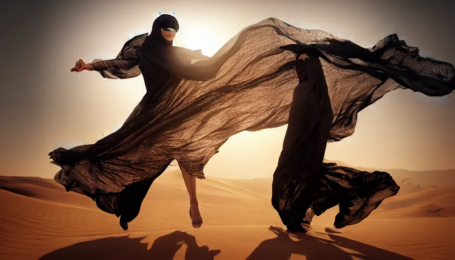 Image similar to arab woman in niqab floating mid - air in the desert, light, shadows, rippling reflections, steam, epic composition, intricate, elegant, volumetric lighting, digital painting, highly detailed, artstation, sharp focus, illustration, concept art, ruan jia, steve mccurry