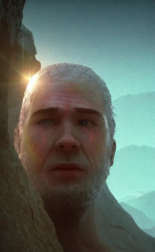 Prompt: extremely detailed cinematic movie still 3 0 7 7 portrait shot of a god of rainbow 2 5 years old white man hyperreal skin face at the mountain top by denis villeneuve, wayne barlowe, simon birch, marc simonetti, philippe druillet, beeple, bright volumetric sunlight from remote star, rich moody colors, closeup, bokeh