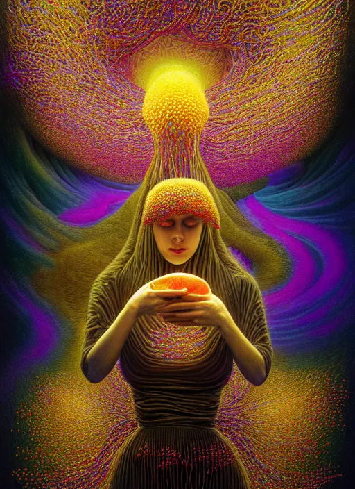 Image similar to hyper detailed 3d render like a Oil painting - Aurora (Singer) Eats of the Strangling network of yellowcake and milky Fruit and Her delicate Hands hold of gossamer polyp blossoms bring iridescent fungal flowers whose spores black the foolish stars by Jacek Yerka, Mariusz Lewandowski, Houdini algorithmic generative render, Abstract brush strokes, Masterpiece, Edward Hopper and James Gilleard, Zdzislaw Beksinski, Mark Ryden, Wolfgang Lettl, hints of Yayoi Kasuma, octane render, 8k