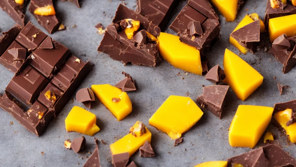 Prompt: chocolate bar with mango pieces, sunlight, f - stop, high quality photography,