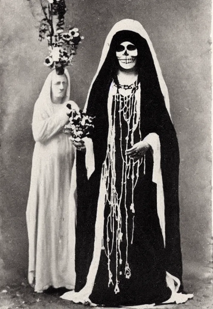 Image similar to photo taken in the 1 9 1 0's, full body view, one woman, virgin mary, dia de muertos dress and make up