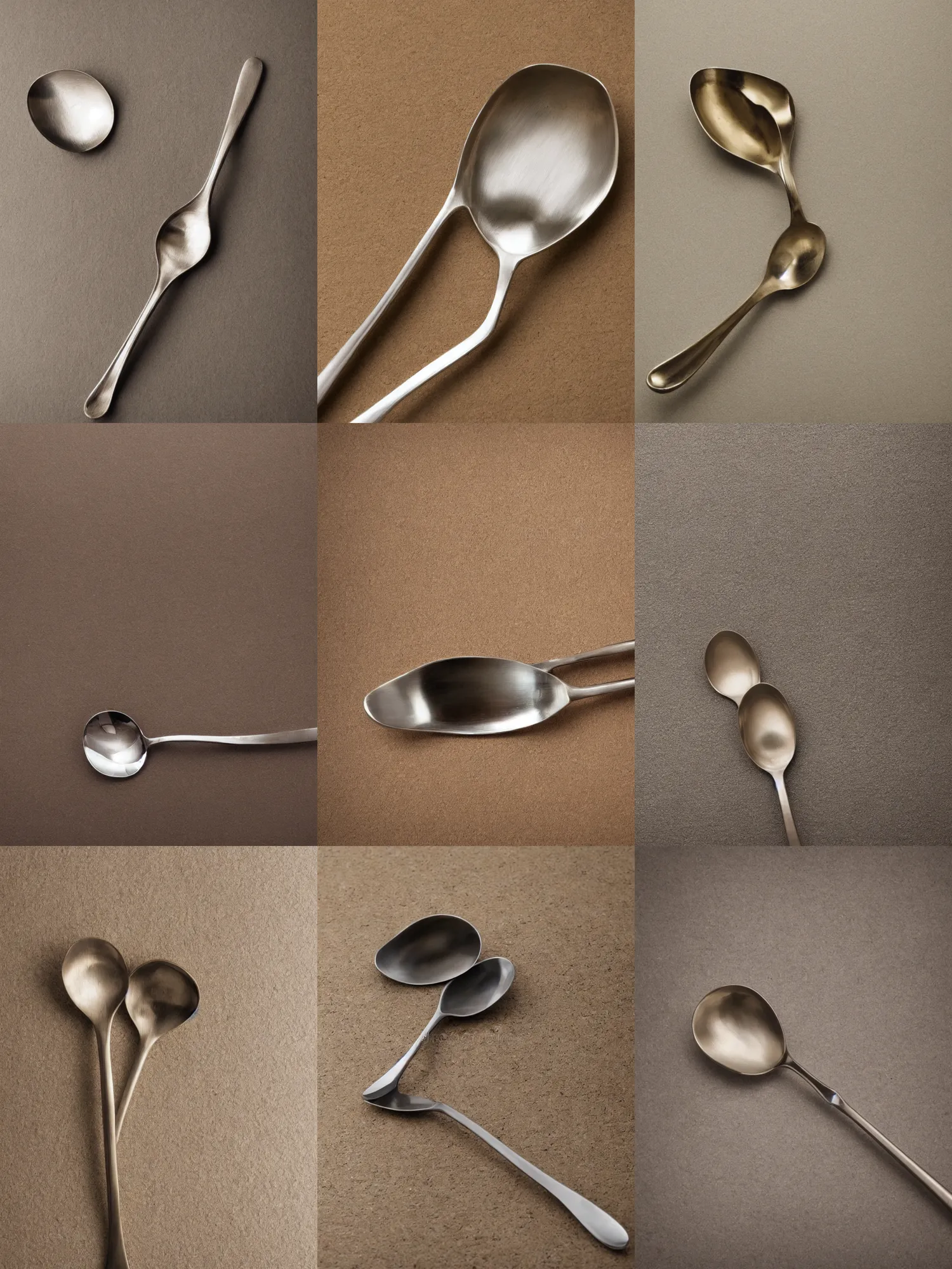 Prompt: framed stock picture of single stainless steel spoon, slightly rotated along its major axis, late nineties to early two - thousands, beige to creme background