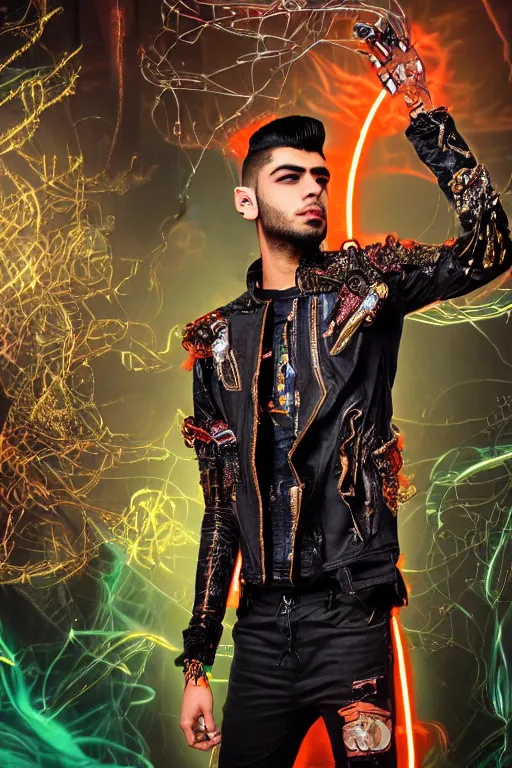 Image similar to full-body cyberpunk style sculpture of handsome singer Zayn Malik as a half cyborg with a chest opening exposing circuitry and electric sparks, glowing orange eyes, crown of green metal leaves, flowing salmon-colored silk, fabric, raptors. baroque elements. full-length view. baroque element. intricate artwork by caravaggio. many many birds birds on background. Trending on artstation, octane render, cinematic lighting from the right, hyper realism, octane render, 8k, depth of field, 3D