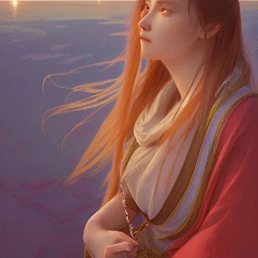 Image similar to a portrait of rimuru at sunset, artgerm, octane render, in the style of alphonse mucha ito, ultra realistic, highly detailed, 8 k,