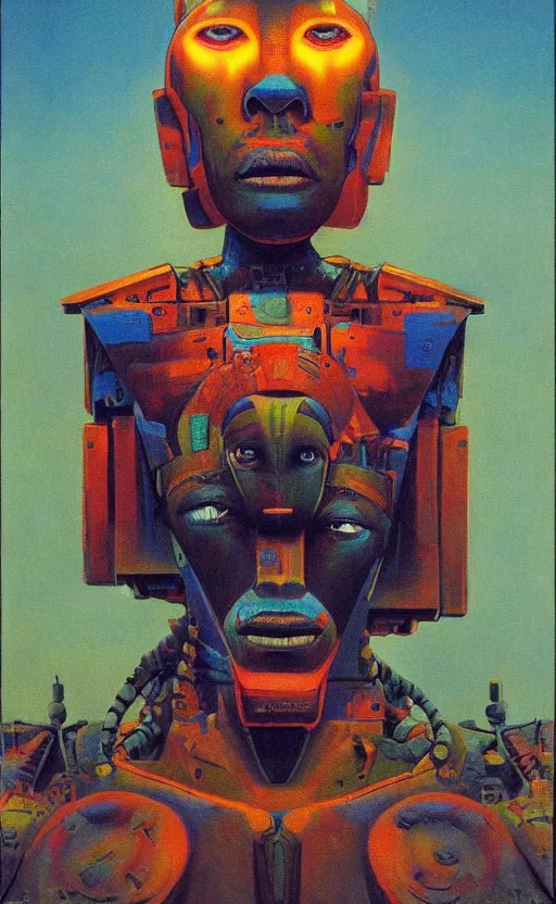 Prompt: portrait of mecha african tribal chief, symmetrical, dramatic lighting, colourful, god, art by zdzislaw beksinski,