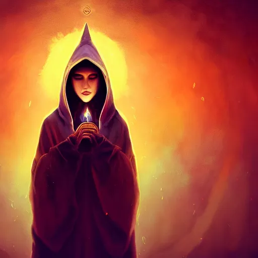 Image similar to ( a priestess with a hood that covers half her face carries an incense burner that emits a pleasantly colored flame. ) by anato finnstark, photorealistic, full body portrait, dynamic lighting, beautiful, trending on artstation, wallpaper, 4 k, award winning, digital art, golden hues, dream background