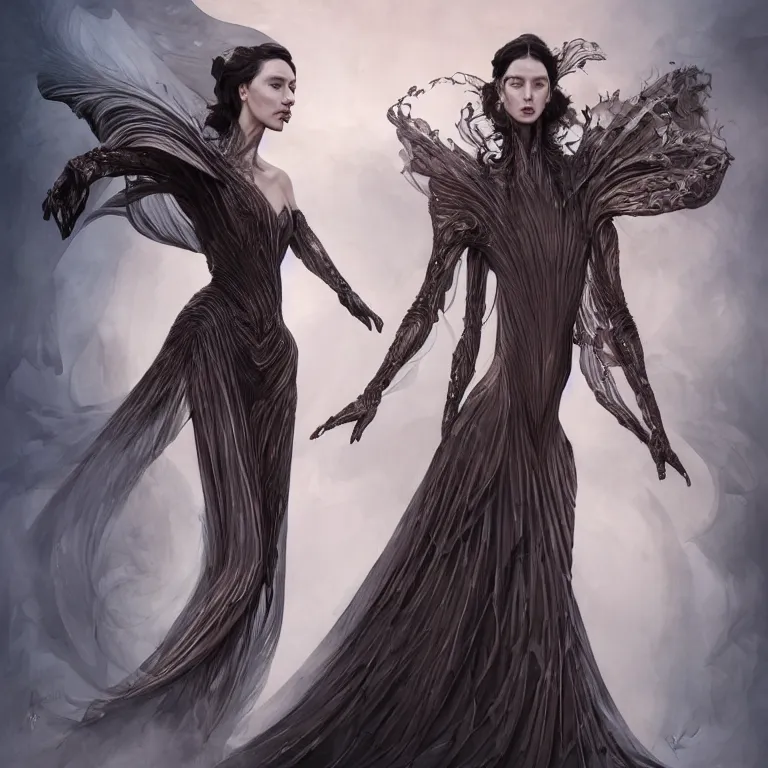 Image similar to beautiful cinematic fantasy character concept of an elegant fierce woman wearing haute couture by iris van herpen and Yohji Yamamoto and Neri Oxmanand Niccolo Casas and anouk wipprecht and behnaz farahi and jessica rosenkrantz and noa raviv and jun kamei , hybrid, by artgerm; wayne reynolds art station; cinematic quality character render; low angle; ultra high quality model; production quality cinema model;