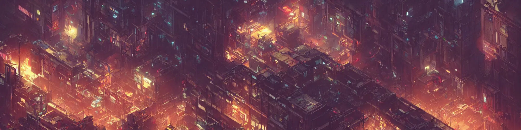 Image similar to an isometric cyberpunk slum, bright lights, by greg rutkowski and games gurney, trending on artstation