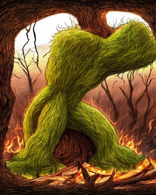 Prompt: a giant relaxed tree monster laying down in a firewood - fire, digital art, high detail