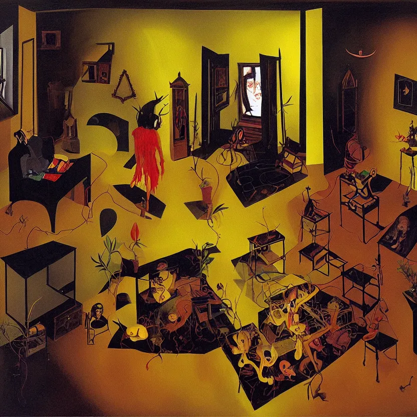 Image similar to One man and one woman attached by love in a living room of a house, floating dark energy surrounds the middle of the room. There is one living room plant to the side of the room, surrounded by a background of dark cyber mystic alchemical transmutation heavenless realm, by Remedios Varo and Anato Finnstark and Greg Rutkowski and Andy Warhol, dayglo pink, dayglo blue, prismatic, pearlescent white, raven black, hyperrealism, 8k, trending on ArtStation, rendered in Octane, rendered in Unreal engine, award winning, volumetric lighting