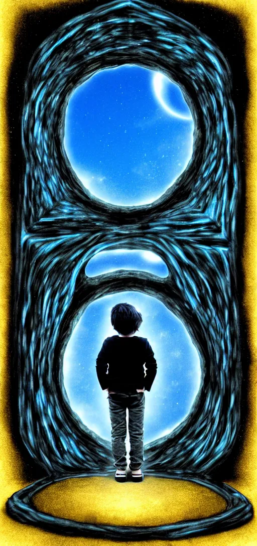 Image similar to The portal into his imagination. High concept art. Introspective. Blue black gold themed.