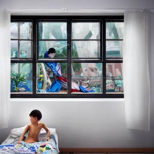 Image similar to young boy wearing white fabric pajama with cartoon paintings on it infront of the window in his room and staring outside. highly detailed, digital photo, smooth and sharp focus, cg by tian zi and wlop and alphonse mucha