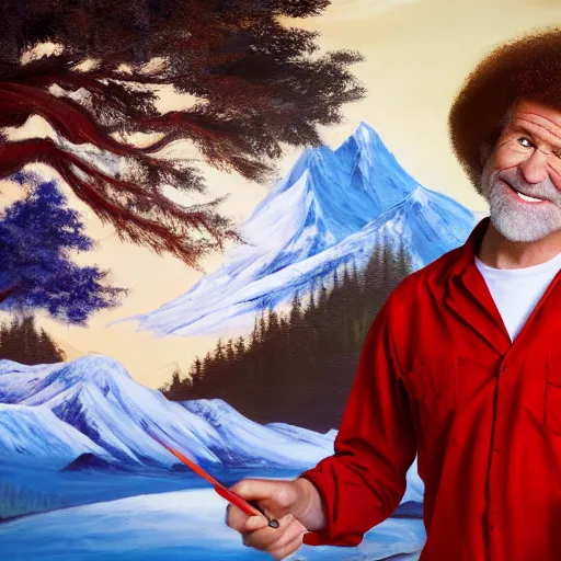 Image similar to a closeup photorealistic photograph of bob ross working on a canvas painting of the flash. film still. brightly lit scene. mountains and trees. this 4 k hd image is trending on artstation, featured on behance, well - rendered, extra crisp, features intricate detail, epic composition and the style of unreal engine.