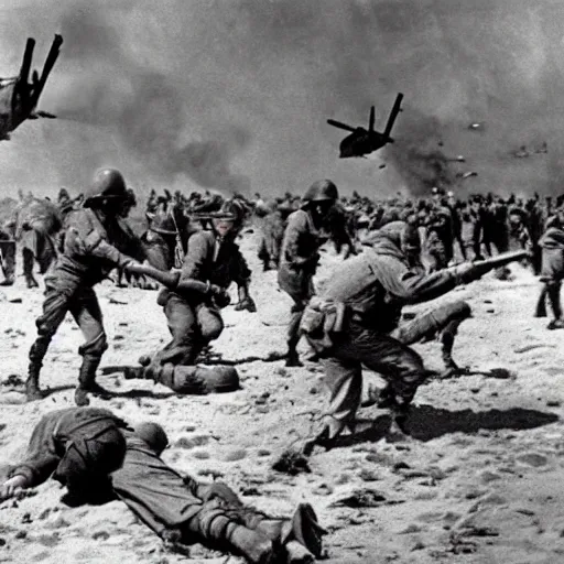 Image similar to ww 2 realistic photo in color beach landing, battle on the beach, blood everywhere, explosions