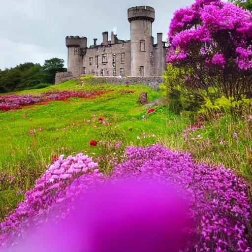 Image similar to a lovely scottish castle in a wide field, surrounded by flowers warm lighting