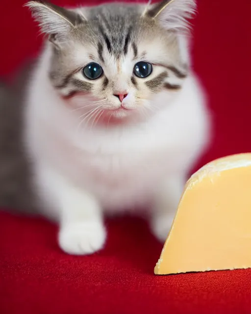 Image similar to high quality presentation photo of a cute model cat dressed as napoleon holding a piece of cheese, photography 4k, f1.8 anamorphic, bokeh, 4k, Canon, Nikon