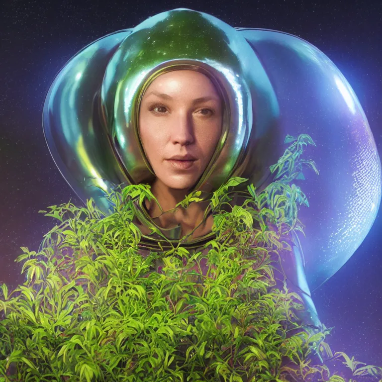 Prompt: octane render portrait by wayne barlow and carlo crivelli and glenn fabry, subject is a woman covered in tie - dye hoodie with iridescent metallic space helmet, surrounded by alien plants, cinema 4 d, ray traced lighting, very short depth of field, bokeh