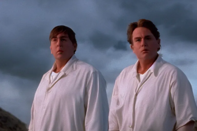 Prompt: cinematic still of chubby clean-shaven white man in Casper (1995), XF IQ4, f/1.4, ISO 200, 1/160s, 8K, RAW, dramatic lighting, symmetrical balance, in-frame