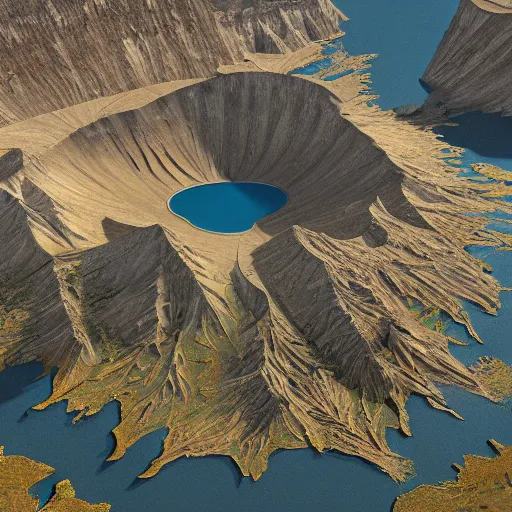 Image similar to a highly detailed matte painting of large island in the center of a meteor crater lake with a futuristic fantasy city with a river running through it, aerial photography, ultrawide lens, art by john collier and albert aublet and alphonse mucha, volumetric lighting, octane render, 4 k resolution, trending on artstation, masterpiece