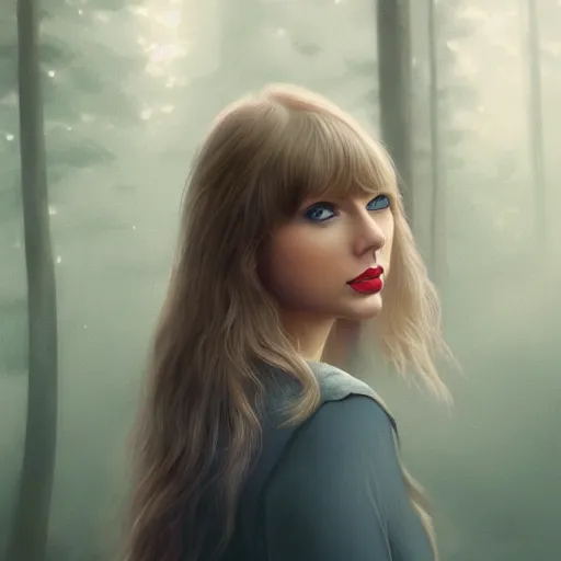 Image similar to taylor swift, long hair with bangs, Crystal blue eyes, full-shot, full pov, beautiful fog lit forest in backround, oil colors, elegant, sharp focus, beautiful face, Hyper-realistic, Highly Detailed, HD, Dramatic Lighting by Brom, by beeple, studio ghibli, wallpaper, highly detailed, trending on artstation