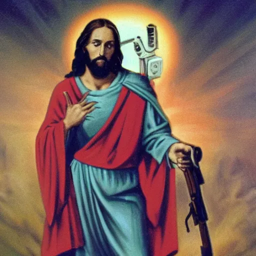 Image similar to jesus with guns killing demons