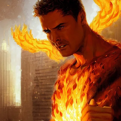 Prompt: the human torch was denied a bank loan, highly detailed, art by greg rutkowski,