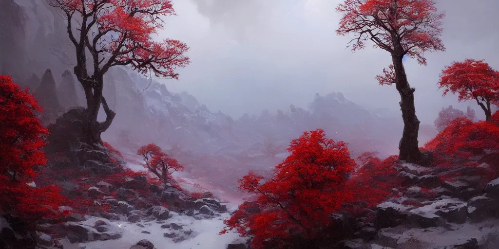 Image similar to A beautiful oil painting of a rocky valley covered in snow, trees with red leaves, thunderstorm in the sky, blue lighting, gloomy, atmospheric lighting, detailed, by greg rutkowski, trending on artstation