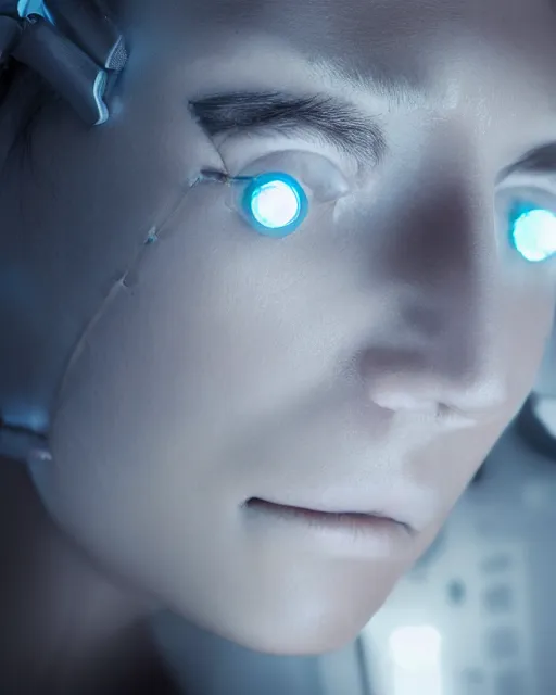 Prompt: close up photo portrait of sleepy female with cyberpunk robotic mechanic implants with linear bright led lights over face and neck, inside white room, ultra - realistic intricate and detailed, 8 k