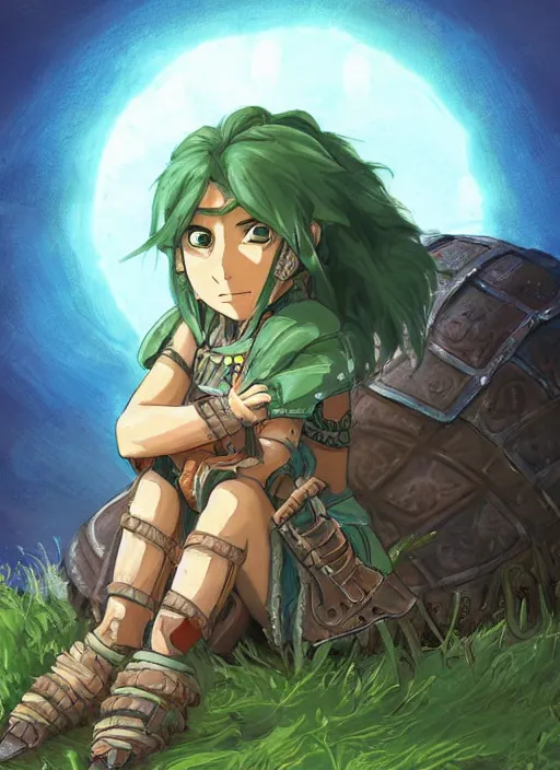 Image similar to portrait of a little warrior girl character sitting on top of a giant armored turtle in the desert, studio ghibli epic character with dark skin and beautiful green eyes, very beautiful detailed symmetrical face, long black hair, bright colors, diffuse light, dramatic landscape, fantasy illustration