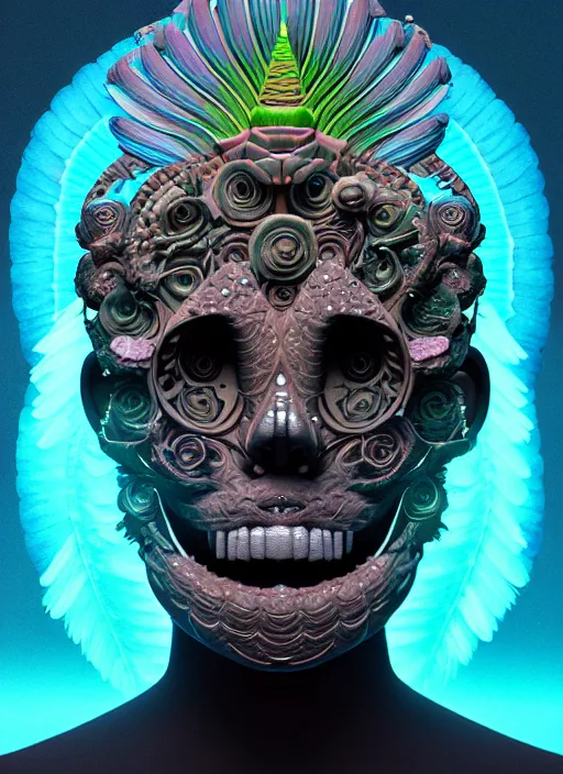 Image similar to 3 d goddess face portrait, sigma 5 0 0 mm f / 5. beautiful intricate highly detailed quetzalcoatl skull and feathers. bioluminescent, plasma, lava, ice, water, wind, creature, thunderstorm! artwork by tooth wu and wlop and beeple and greg rutkowski, 8 k trending on artstation,