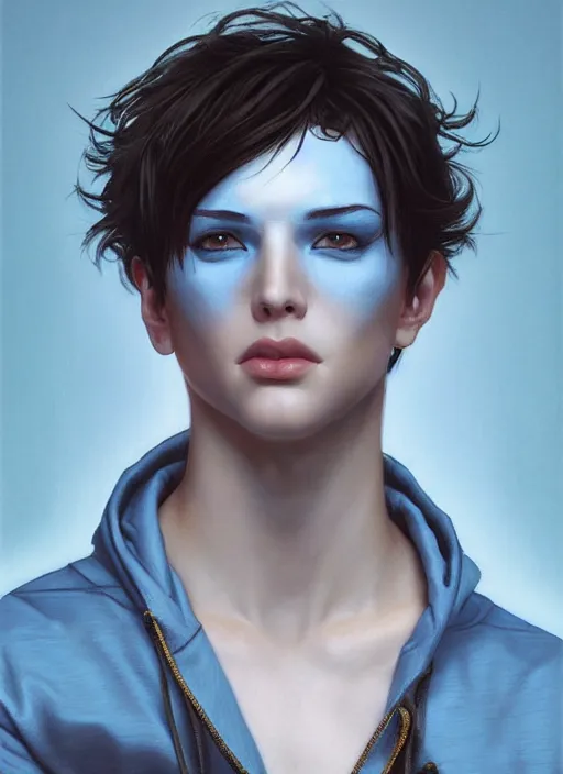 Prompt: androgynous young man with short black hair, light blue eyes, glowing, golden hour, wearing jeans and a black hoodie, realistic painting by ross tran and gerald brom and alphonse mucha, trending on artstation