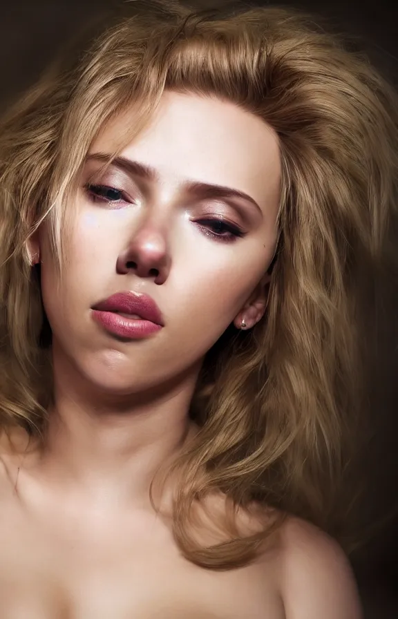 Prompt: soft lighting closeup portrait of young sexy scarlett johansson long hair wearing white latex, rembrandt lighting, rembrandt painting,