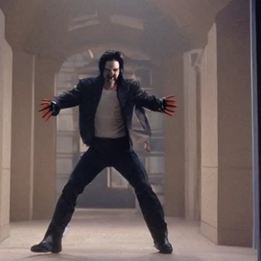 Image similar to keanu reeves as wolverine in emotional movement, dressed the original x - men suite